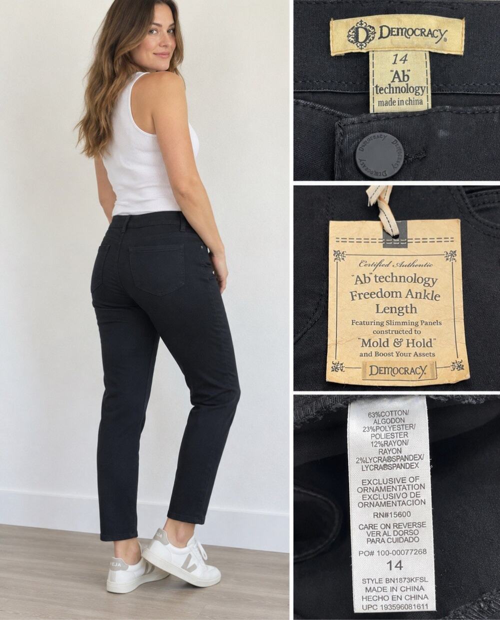 NWT Democracy Ab Technology Women's Skinny Ankle Pants Size 14 Black Stretch